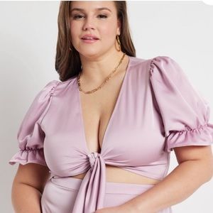Eloquii Pink Satin Tie Front Crop Top